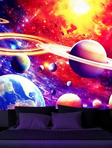 blacklight gobelin uv reaktiv glød i mørket glød party neon univers planet psykedelisk trippy tåget hængende gobelin vægkunst vægmaleri til stue soveværelse
