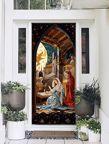 Weihnachtstürdekorationen, Krippenszene, Jesus-Türabdeckungen, Weihnachtstürteppich, Türvorhang, Dekoration, Hintergrund, Türbanner für die Haustür, Bauernhaus, Urlaubsparty-Dekoration