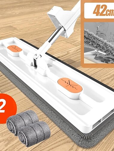 Trapeador plano grande, trapeador plano de microfibra de superficie grande giratorio 360°, con herramienta raspadora de deshidratación, trapeador de mango largo de acero inoxidable para piso, ventana