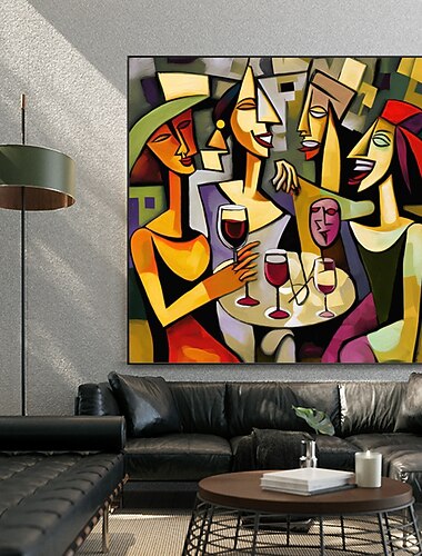 Picasso-Stil, abstraktes Mädchen, glückliche Familie, trinkend, handgemaltes Ölgemälde auf Leinwand, moderne nordische Figur, handgefertigte Wandkunst, Bild, Wohnzimmerdekoration, ohne Rahmen