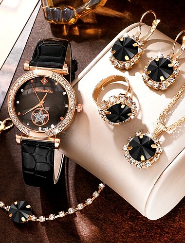 Montre pour femmes 6pcs/set Montre à quartz de luxe avec strass Montre analogique vintage étoile  ensemble de bijoux Cadeau de la fête des mères pour maman