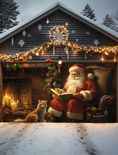 Decoraciones navideñas para puertas, cubierta para puerta de garaje al aire libre, cortina de dinosaurio montado en Papá Noel, pancarta navideña para puerta, mural grande para puerta, decoración de