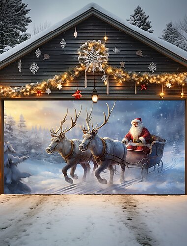 bannière de noël décorations de porte de Noël couverture de porte de garage extérieure rennes traîneau du Père Noël bannière de porte de Noël fête grande porte murale toile de fond décoration