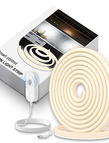 Tira de luz flexible con sensor de movimiento de 2 m y 240 LED, tira de luz de neón con detección inteligente para armarios, vitrinas e iluminación debajo de la cama - blanco cálido, alimentación por USB
