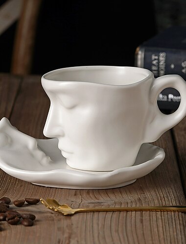 ユニークな顔の形をしたウォーターカップとソーサー、クリエイティブなコーヒーカップセット、電子レンジと食器洗い機対応。