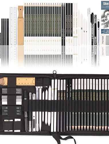 Kalour - Juego de 54 lápices de dibujo con cuaderno de bocetos, incluye lápices de grafito, carbón y herramientas de artista, suministros de dibujo de arte profesional para adultos, estudiantes