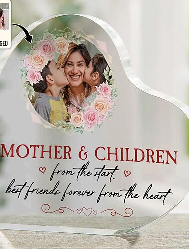 תמונה בלוח מותאם אישית מתנה הכי טובה לאמא – אקריליק בצורת לב תמונה מותאמת לאמא ולילדים מושלם ליום האם