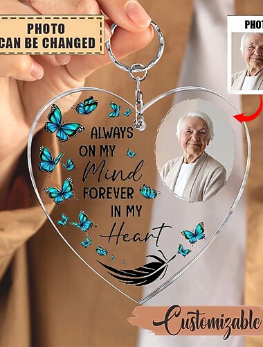 Gegevens Gepersonaliseerde Acryl Herinnerings Foto Sleutelhanger Aangepaste Sleutelhanger Sympathie Aandenken voor Verlies van Geliefde Hart Vormige Herinneringsgeschenken Herinnering Decoratie -