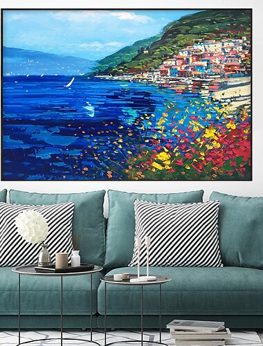 art mural peint à la main lac de Côme peinture sur toile peinture de paysage Italie peinture à l'huile art mural peinture de paysage art de la ville décoration de la maison prêt à accrocher ou sur