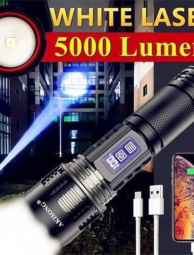 bílá laserová super výkonná baterka 5000lm typ-c dobíjecí svítilna vysoce výkonná led baterka taktická svítilna