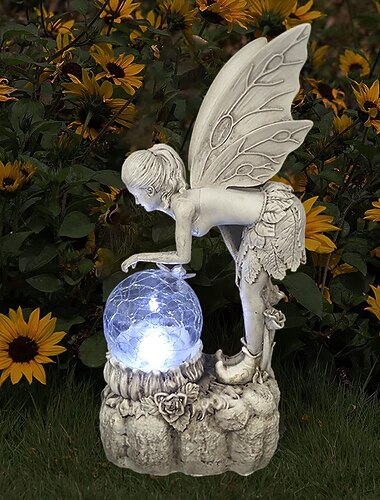 פסל פיות פרחים מאיר ילדה קישוט גן חיצוני חצר מלאך פיות אור שמש