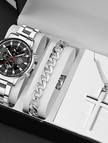 3stk/sæt Herres Kalender Rustfrit Stål Kvarts Ur  Halskæde  Armbånd Sæt