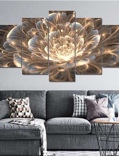 5 Panels, Blumendrucke, goldene Strahlen, Fraktalblume, moderne Wandkunst, Wandbehang, Geschenk, Heimdekoration, gerollte Leinwand, ungerahmt, ungedehnter Gemäldekern
