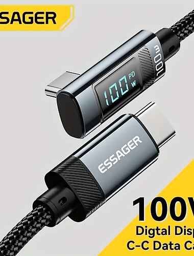 Pachet de 2 încărcătoare rapide USB C pentru USB C Essager 100W cablu de încărcare cu unghi de 90 de grade afișaj 5A cablu de date USB C pentru încărcare rapidă