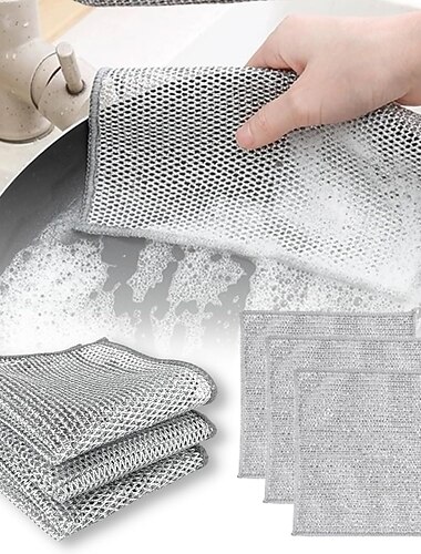 3stk ståltråd oppvaskklut kjøkkenvaskeklut non-stick oljefat rent håndkle vaske filler husholdningsvaskekluter