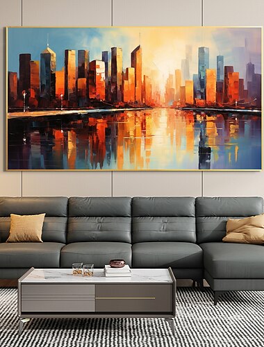 dipinto a olio originale fatto a mano con paesaggio urbano su tela, decorazione artistica da parete, dipinto di edificio costiero per la decorazione domestica con cornice allungata/senza cornice