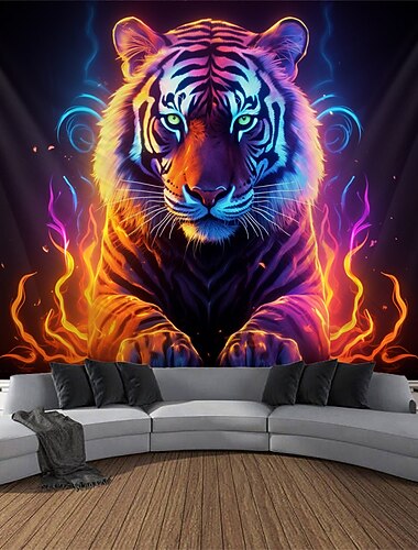 Schwarzlicht Wandteppich UV reaktiv im Dunkeln leuchtend Party Neon Tiger Tier psychedelisch trippig neblig hängender Wandteppich Wandbild für Wohnzimmer Schlafzimmer