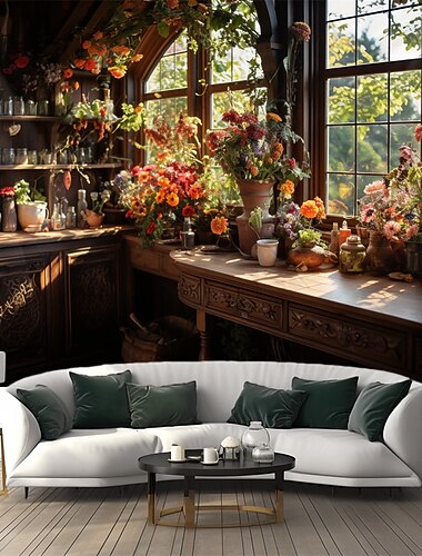 Blumen auf dem Fenster, Wandbehang, Wandteppich, Wandkunst, Wanddekoration, Fotografie, Hintergrund, Decke, Vorhang, Zuhause, Schlafzimmer, Wohnzimmer, Dekoration Wandtuch XXL Natur