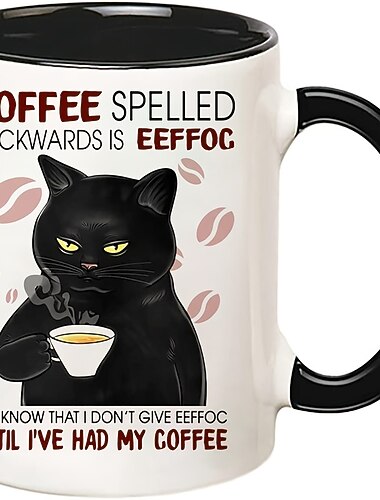 1 tragbare Keramik-Kaffeetasse – schwarzes Katzendesign mit rückwärts geschriebenem Effoc-Buchstaben – 11-Unzen-Reisebecher für Kaffeeliebhaber unterwegs