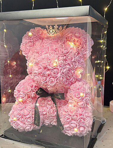 medvídek růže umělé pěnové květy s led světlem a plastová dárková krabička - perfektní romantický dárek ke dni matek, výročí, svatbě, narozeninám, díkůvzdání a vánocům 25cm/10inch