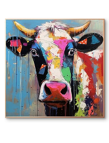 لوحة بقرة ملونة مرسومة يدويًا على لوحة قماشية سكين لوحة ثقيلة مزخرفة جدار مربع فن البوب عمل فني للماشية هدية بدون إطار