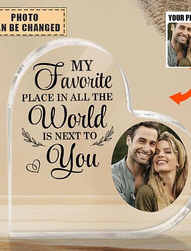 パーソナライズされたフォトアクリルハートプラーク - カスタムウェディングギフトカップル用プラークデコレーションウェディングギフト母の日記念日ギフト - 彼のためのギフト彼女のためのギフト私のお気に入りの場所カップル