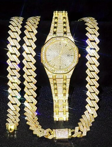 3pcs/set HipHop Montre en Strass  Collier  Bracelet Set Cadeau de la fête des mères