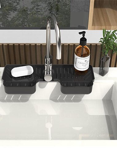 Adjustable Silicone Sponge Holder, Faucet Water Catcher Mat, 2 IN 1 Absorbent Faucet Splash Mat, Draining Faucet Water Catcher Mat, Sponge Holder Over Faucet Sink Organizer, Kitchen Bathroom Sink Acce