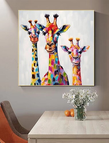 Peinture colorée de famille de girafes sur toile peinte à la main, grand art mural animal pour la décoration de la maison, œuvres d'art animales fantaisie, décoration murale de girafe, cadre tendu