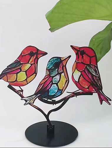 foltos madarak ágon asztali díszek, fém lapos, élénk madárdíszek az ágon, kétoldalas többszínű kolibri kézműves szobor asztal ajándék madárbarátoknak
