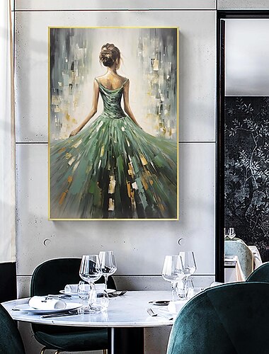 Handgefertigtes Original-Ölgemälde „Tanzendes Mädchen“ auf Leinwand, Wandkunst-Dekor, abstrakte Kunst, grünes Gemälde für Heimdekoration, mit gespanntem Rahmen/ohne Innenrahmen-Gemälde