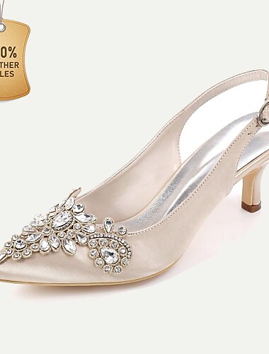  Women\'s Wedding Shoes Pumps Bling Bling Slingback Bridal Shoes Rhinestone Kitten Heel Pointed Toe Elegant Satin Buckle White Ivory Silver