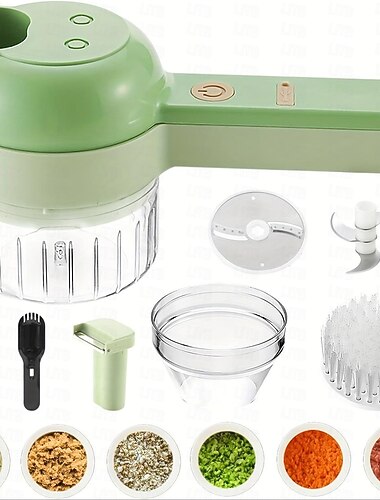 مجموعة تقطيع الخضروات الكهربائية المحمولة 4 في 1، مجموعة تقطيع الخضروات الكهربائية المحمولة، هراسة الثوم اللاسلكية، عصارة الثوم & مجموعة شرائح محضرة طعام كهربائية صغيرة متعددة الوظائف مع فرشاة لفلفل