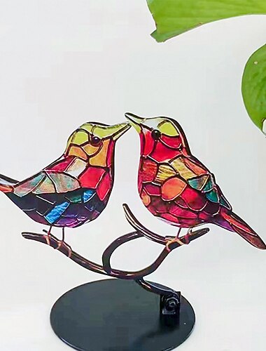 Oiseaux tachés sur les ornements de bureau de branche, décorations d'oiseaux vifs plats en métal sur la branche, cadeau de table de statue d'artisanat de colibri multicolore double face pour les amoureux des oiseaux