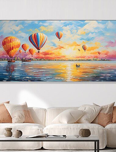 Peint à la main coloré ballon à air chaud texture peinture à la main océan lever du soleil nuage peinture voyage paysage toile peinture à l'huile décoration de la maison prêt à accrocher ou sur toile