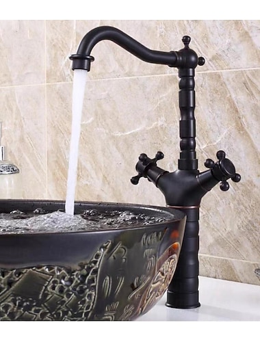  robinet de lavabo de salle de bain en laiton traditionnel, bronze huile noir monte sur le pont melangeurs robinets de bain a un trou avec poignee en alliage de zinc, interrupteur chaud et froid et