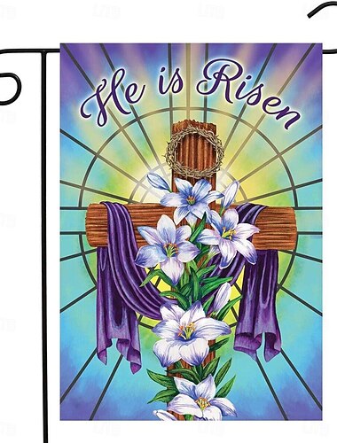 イエス ガーデンフラッグ 12x18インチ アウトドア装飾 彼は復活した ウェルカムガーデン パティオフラッグ フラワー庭フラッグ 両面 ホリデーアウトドアフラッグ 1枚