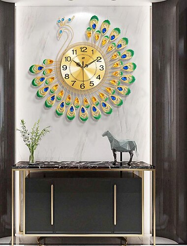 grandes horloges murales pour décor de salon décoration dorée horloge murale silencieuse à piles sans tic-tac pour chambre à coucher cuisine 15 pouces rétro paon cristal montre murale à quartz pour