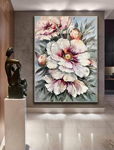 Handgefertigtes Ölgemälde auf Leinwand, Wandkunst, Dekoration, moderne Blumenpflanzen, große Pfingstrose für den Hauseingang, gerolltes, rahmenloses, ungedehntes Gemälde