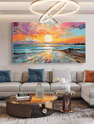 obraz olejny ręcznie malowany impresjonista nadmorski zachód słońca obraz olejny na płótnie nowoczesny pejzaż morski malarstwo abstrakcyjne kolorowe malarstwo pejzażowe wall art malarstwo do salonu