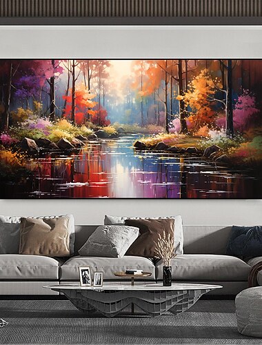 Peinture à l'huile de paysage de rivière originale faite à la main sur mur de toile peinture d'art de forêt dorée pour la décoration intérieure avec cadre étiré/sans peinture de cadre intérieur