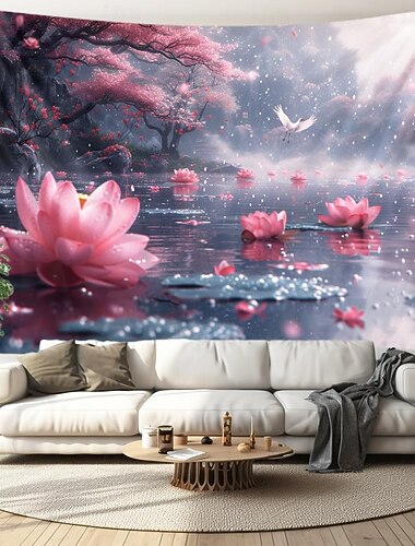 Tapiz colgante de paisaje de libra de loto, arte de pared, tapiz grande, decoración mural, fotografía, telón de fondo, manta, cortina, decoración del hogar, dormitorio, sala de estar