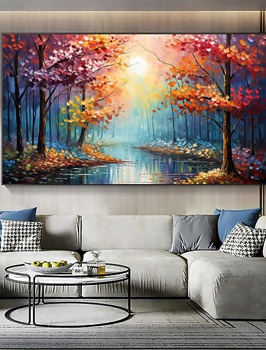 Pintura al óleo de bosque original hecha a mano sobre lienzo, pintura artística de árbol de pared para decoración del hogar con marco estirado/sin pintura de marco interior