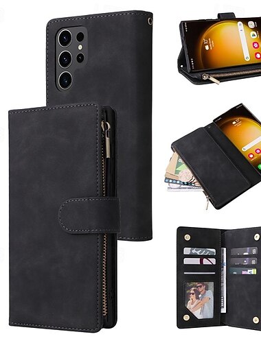 telefon Etui Til Samsung Galaxy S26 Ultra Plus S25 S24 S23 S22 S23 FE S21 Ultra Plus S20 A14 A34 Tegnebogskortetui Lynlås med håndledsstrop Støtteben Kontor / Business TPU PU Læder