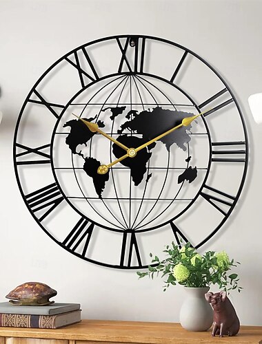 große Wanduhr mit Weltkarte aus Metall, minimalistisch, moderne Uhr, rund, leise, nicht tickend, batteriebetrieben, Wanduhren für Wohnzimmer, Zuhause, Küche, Schlafzimmer, Büro, Schuldekor, 60 cm