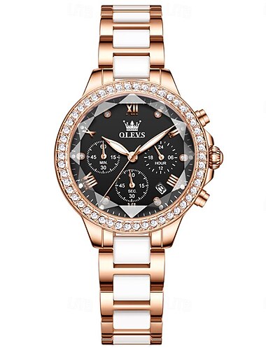 OLEVS Muttertagsgeschenk für Frauen Quarz Uhr Luxus Mode Strass Geschäftlicher Stoppuhr Kalender Wasserdichte Legierungsuhr