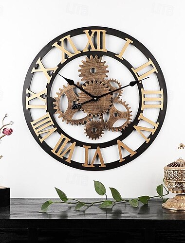 Europäische Retro-Wanduhr aus Holz, goldene römische Zahnraduhr, dekorative Luxus-Klassiker-Quarzuhr, modernes Design für Heimdekor-Wanduhren, 58 cm