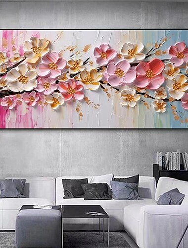 groot pruimenbloesem olieverfschilderij met de hand geschilderde roze bloemen canvas muurkunst dikke textuur Paletmes schilderij nachtkastje kunst jubileum cadeau woondecoratie