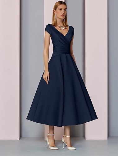  A-Line Mother of the Bride Dress Wedding Guest Elegant V Neck Tea Length Charmeuse Sleeveless with Ruching 2024