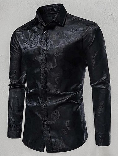  Men\'s Prom Shirt Satin Silk Shirt Silver Black Wine Navy Blue Long Sleeve Graphic Turndown Wedding Party Clothing Apparel Button-Down